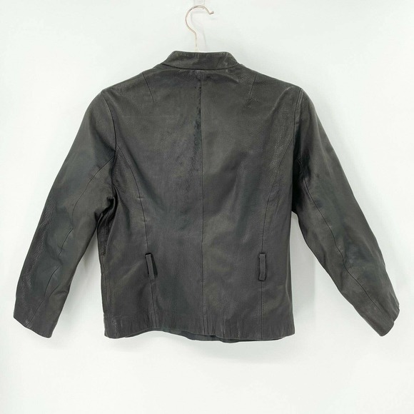 Club Monaco Cropped Leather Jacket Sz M Solid Black Mandarin Collar Snap Buttons - Picture 4 of 8